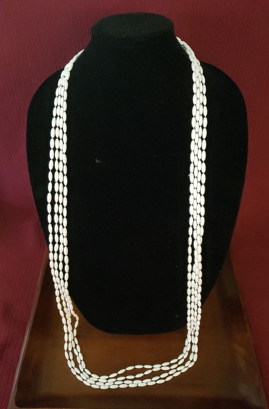 Vintage Unsigned 23" Long Strand White Plastic Four Layered Beaded Necklace